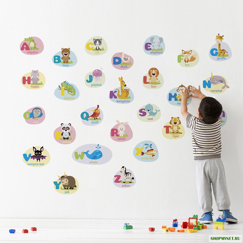 26PCS Classic Животные Алфавит Детская Детская Кожура и Палка Wall Art Палкаer Наклейки Алфавиты Животные Стена Съемная стена Палкаer